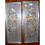 A pair of 52cm x 18cm Chinese silver/gold thread embroideries - stylized birds and foliage