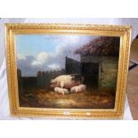 IN THE MANNER OF GEORGE MORLAND - 47cm x 63cm - oil on canvas - Pigs feeding before a sty -