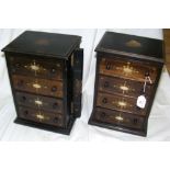 A pair of Mother-of-Pearl and brass inlaid amboyna four drawer collector's cabinets with lockable