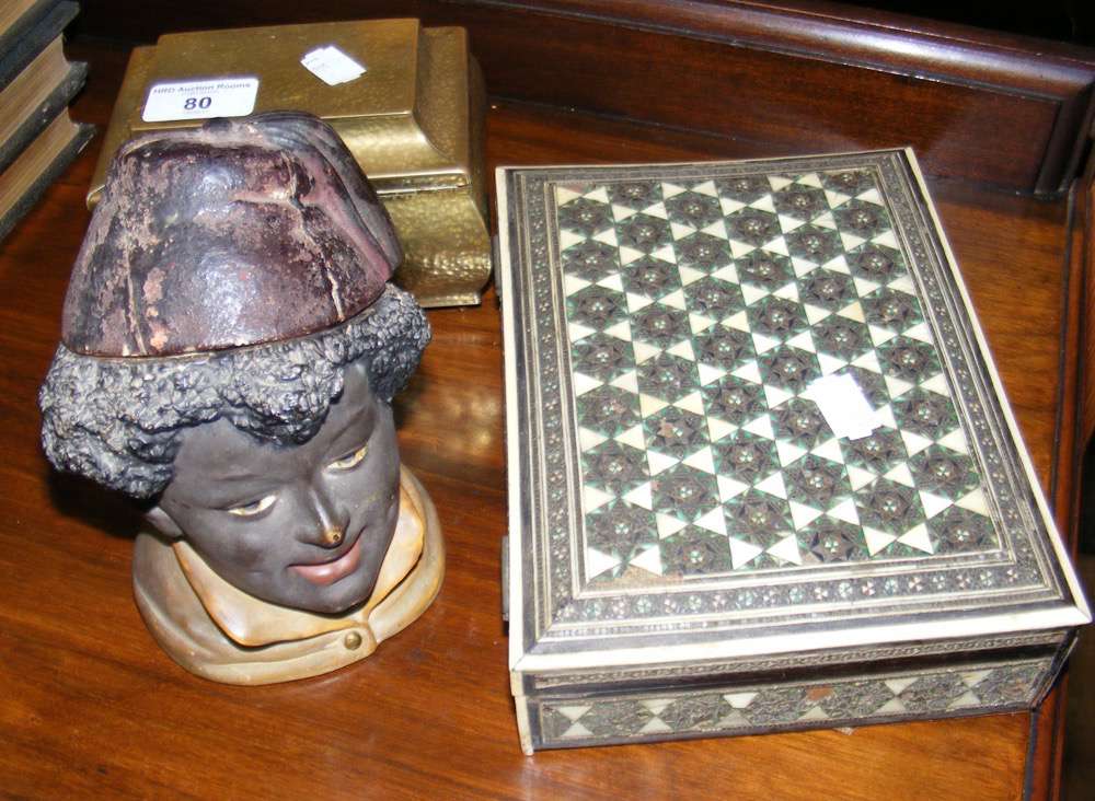 Anglo Indian box, brass cigarette box and tobacco jar