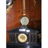 Slate cased mantel clock by Macklin & Sons, Salisbury and an aneroid wall barometer/thermometer