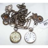 Two ladies silver cased pocket watches, together with watch chains, medals