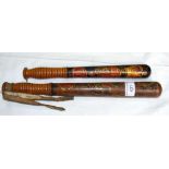Antique hand painted truncheon and one other