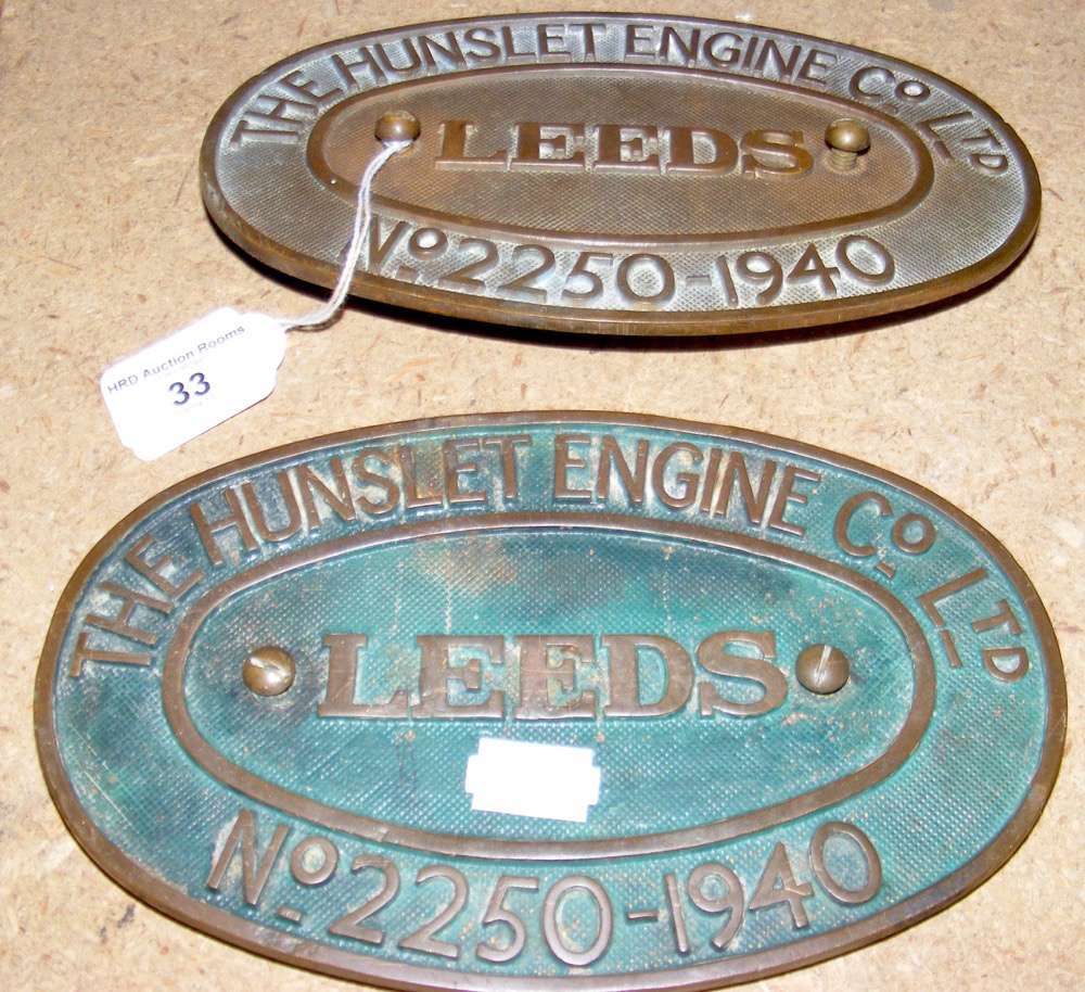 Two 20cm oval brass name plates from The Hunslet Engine Co. Ltd. "Leeds" - 1940