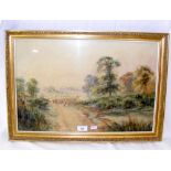 FRANK HIDER - 35cm x 52cm - watercolour - Shepherd herding sheep on rural track - signed and dated
