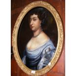 ENGLISH SCHOOL - 60cm x 45cm - oval oil on canvas portrait of lady with pearl necklace