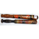 A hand painted antique tipstaff, together with hand painted truncheon