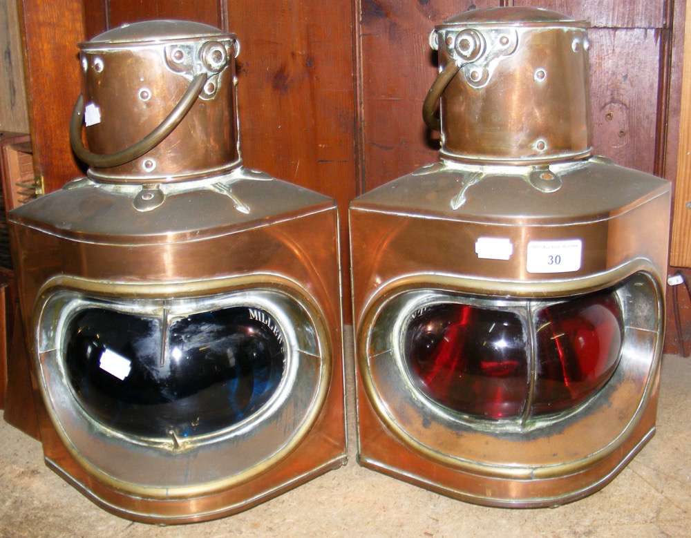 A pair of Millers patent copper ship's Port and Starboard lights