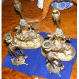 Decorative oriental candlesticks, together with a pair of table lamps