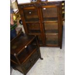 An oak glazed bookcase, together with a tea trolley