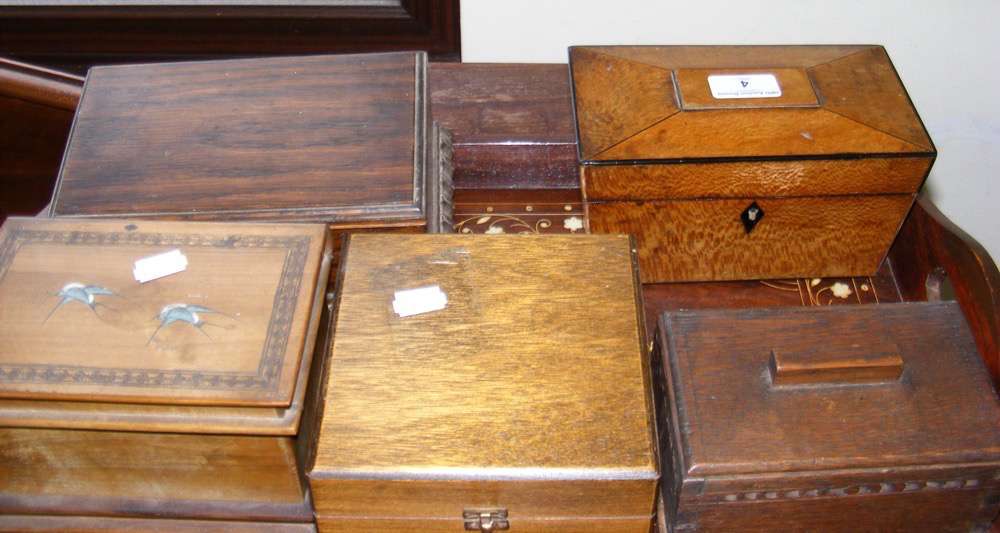 Inlaid two handled tray, tea caddy, etc.