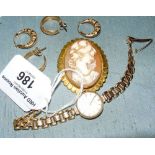 A 9ct gold cased lady's wristwatch and chain, Cameo brooch and two pairs of earrings