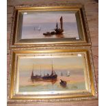 F MILLER - pair of 23cm x 43cm oils on board - fishing boats in tranquil waters - signed