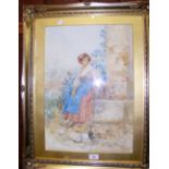 C BOMPIANI BATTAGLIA - 52cm x 36cm - watercolour - continental scene with lady seated before a