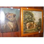 A painting on board of pig - signed TOWNSEND, together with a portrait of dog