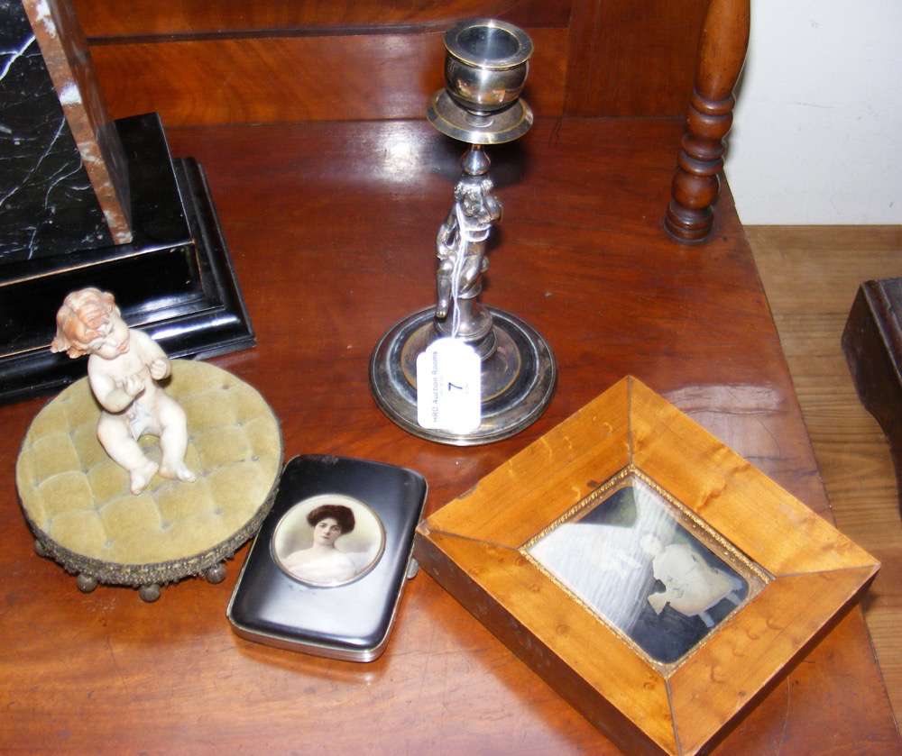 Plated candlestick with figural column, a framed portrait, etc.