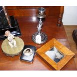 Plated candlestick with figural column, a framed portrait, etc.