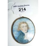 Early 19th century miniature on ivory, the reverse with gold initials J R and lock of hair