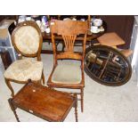 Oval mirror, two chairs, together with an occasional table