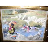 JONATHAN SAVILL - 44cm x 60cm - oil on board - Indian women washing clothes by riverside - signed