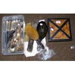 Plated cutlery, decorative jewellery box, dressing table set