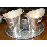 A pair of silver plated wine coolers, plated tray