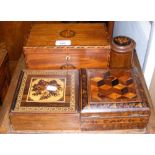 Inlaid tea caddy, Tunbridge ware box, etc.