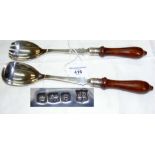 Pair of turned wood handled silver salad servers with Sheffield hallmarks