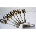 A set of six Queen Anne rat tail silver dessertspoons by William Juson - London 1709 and one other