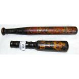 Antique hand painted tipstaff, together with hand painted truncheon