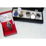 Five assorted new gent's wristwatches and a ditto pocket watch and chain