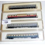 Four Marklin Mini-Club carriages 8716, 8718, 8720 and 8728 - boxed