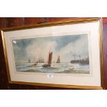 MORTIMER - watercolour of sailing vessels off harbour in rough seas - 22cm x 52cm