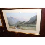 F M MINNS - watercolour of mountain river scene - signed - 32cm x 52cm