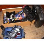 A box containing selection of Sony and other cameras, camcorders