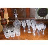 Cut glass decanter, together with suites of glasses