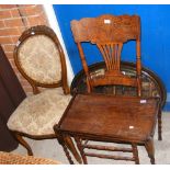 Oval mirror, two chairs, together with an occasional table