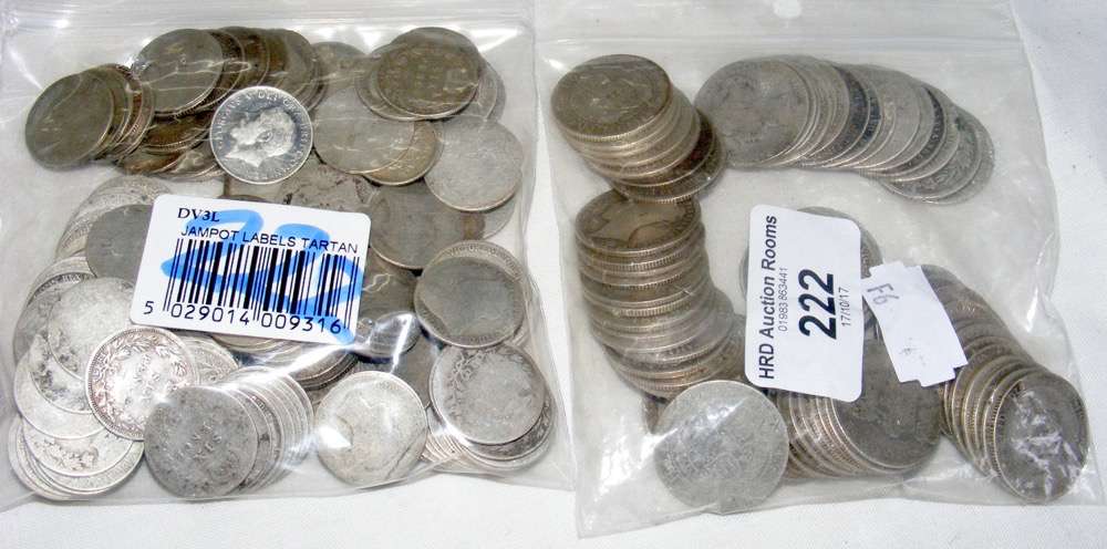 A bag of silver sixpences, together with one other of shillings