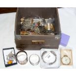 A box containing various costume jewellery, pocket watch and other, including silver bangle