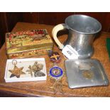 Pewter tankard, medals, cigarette case, etc.