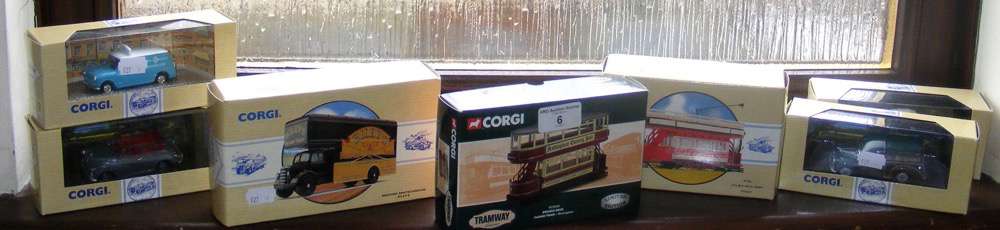 Selection of boxed Corgi die-cast trams and cars