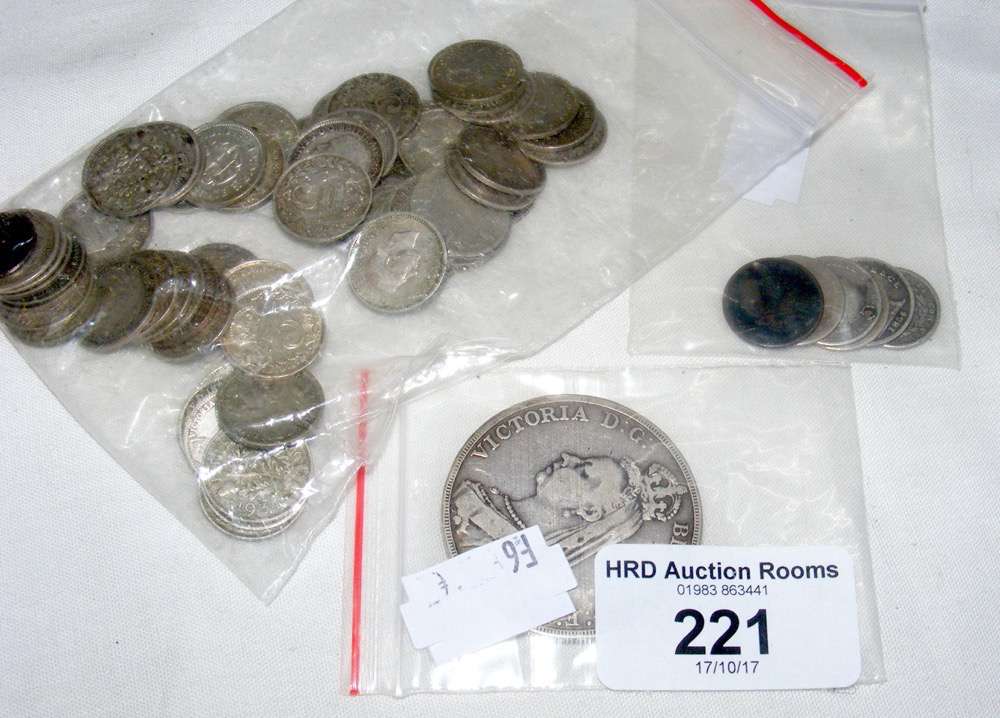 A silver crown 1889, together with other silver coins