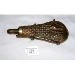 A 19th century brass powder flask embossed with basket weave and leaf