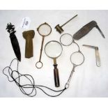 Assorted items, including lorgnettes, magnifying glass, penknife, etc.