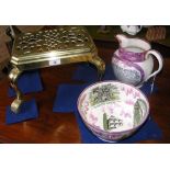 A Sunderland pink lustre jug, together with bowl and a heavy antique pierced brass footman