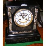 A Victorian slate and marble mantel clock with visible escapement and striking movement - 30cm high