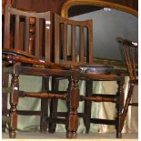 Two country antique slatback chairs, together with two antique bed warmers