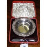Decorative pierced silver butter dish with knife in presentation case