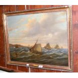 C M MASKELL - oil on canvas - ships in rough sea off coast - monogrammed bottom left - 44cm x 60cm