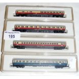 Four Marklin Mini-Club carriages 8721, 8724, 8725, 8726 - boxed